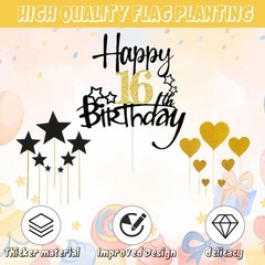 Happy 16th Birthday Cake Topper Black Gold Glitter Party Cupcake Topper