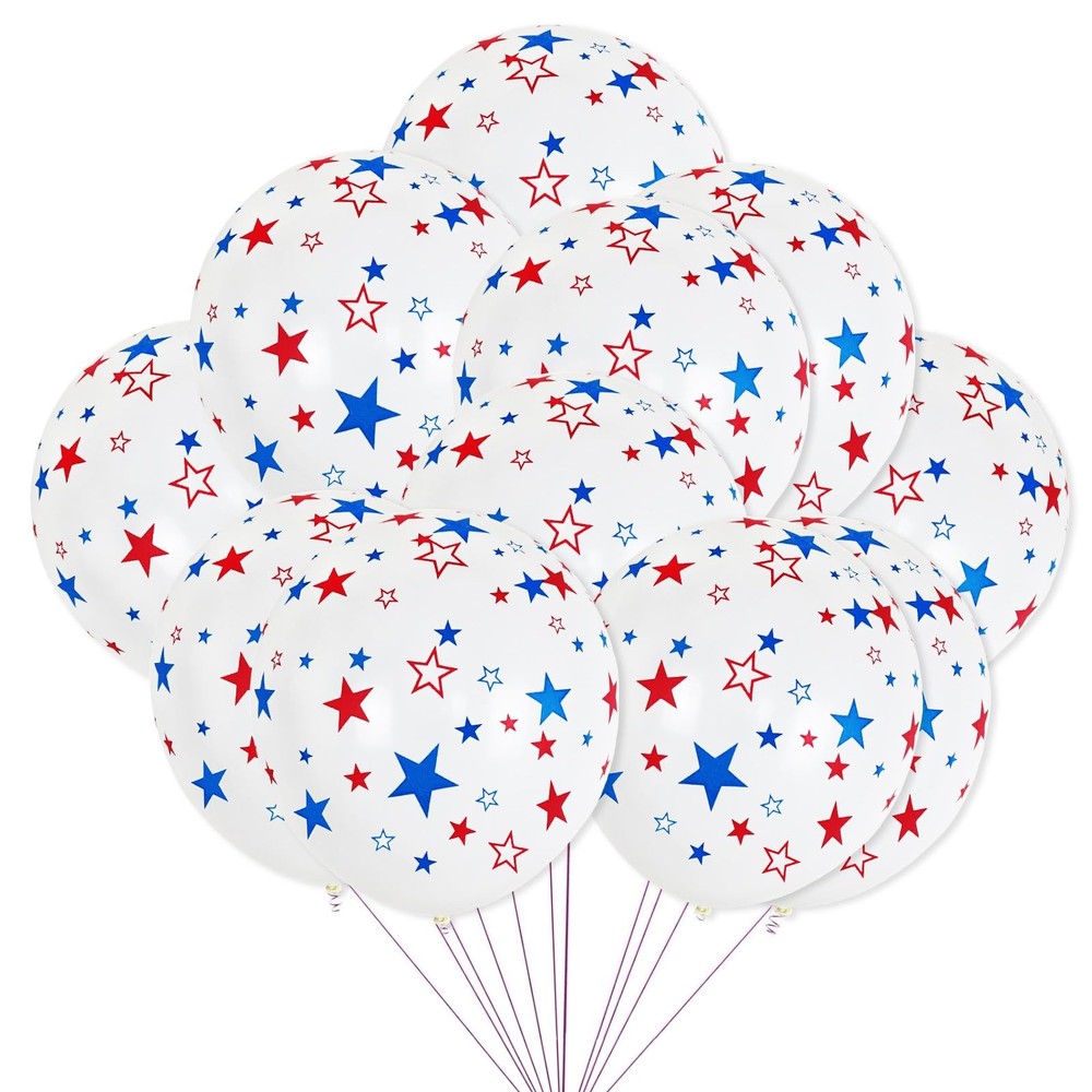 12 Inch Printed Star White Balloons, 50 Pcs Printed Blue Red Star Latex Ballo…