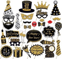 30 Pcs New Years Eve Photo Booth Props 2026 Party Supplies Selfie Decoration Kit