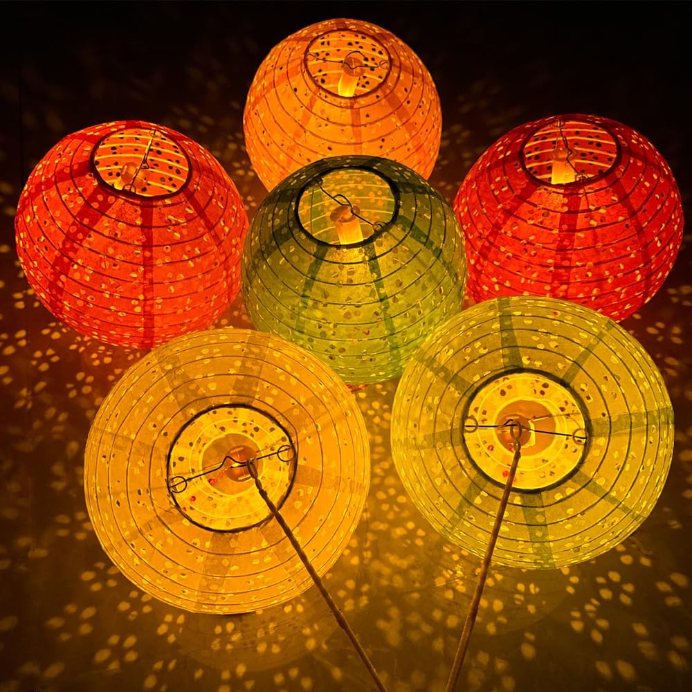 Chinese New Year Round LED Paper Lantern Decorations Set of 12 Lunar Year