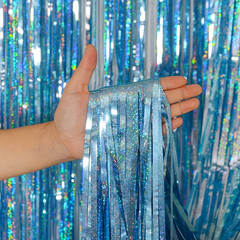 2PCS, Light Blue Foil Fringe, Curtain Backdrop Ocean, Frozen Party Decoration
