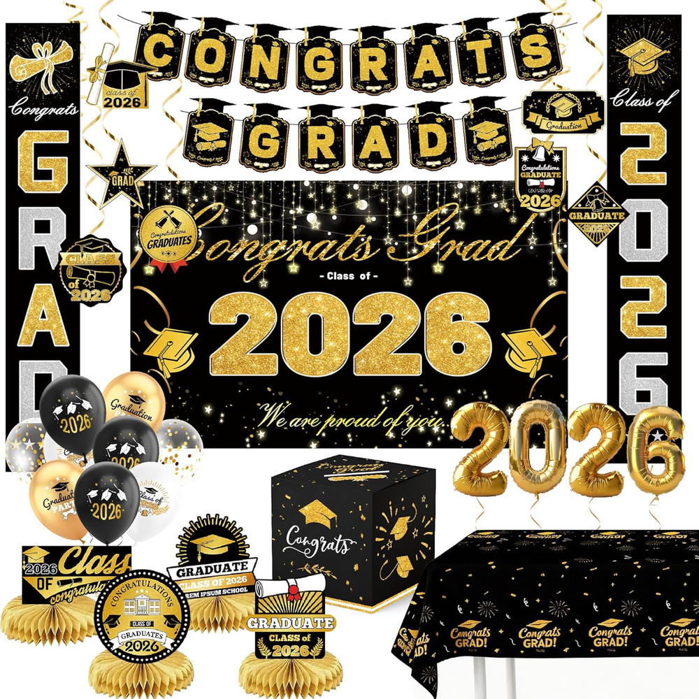 Graduation Party Supplies 2026 Black Gold Banner Backdrop Balloons Card Box