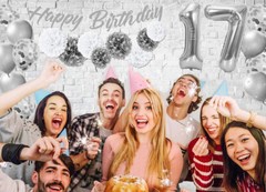 Silver & White 17th Birthday Decorations – 40″ Number Balloons &More-Boy or Girl