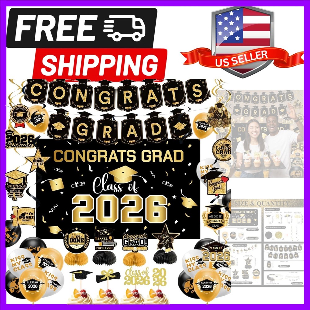 Graduation Decorations 2026 Black Gold Party Decor Set Grad Banner Class of 2…