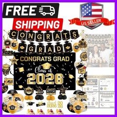 Graduation Decorations 2026 Black Gold Party Decor Set Grad Banner Class of 2…