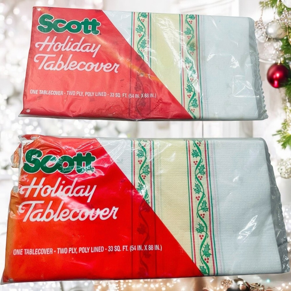 VTG Scott Holiday Tablecover Set Of 2 Holly Paper Poly Lined 54 X 88 In. NOS USA