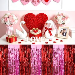 Red Pink Foil Fringe Table Skirts, 4 Pack 108 x 30 inch, Festive Tinsel Table Co