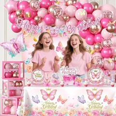 Pink Butterfly Birthday Decor – Tableware & Balloons