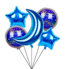 Islamic Holiday Decor | Ramadan Mubarak Balloons 5 Pack Crescent Moon Star Blue