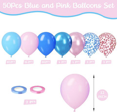 Pink and Blue Balloon Set – 50Pcs 12 Inch Pastel Confetti, Royal and Metallic Ba