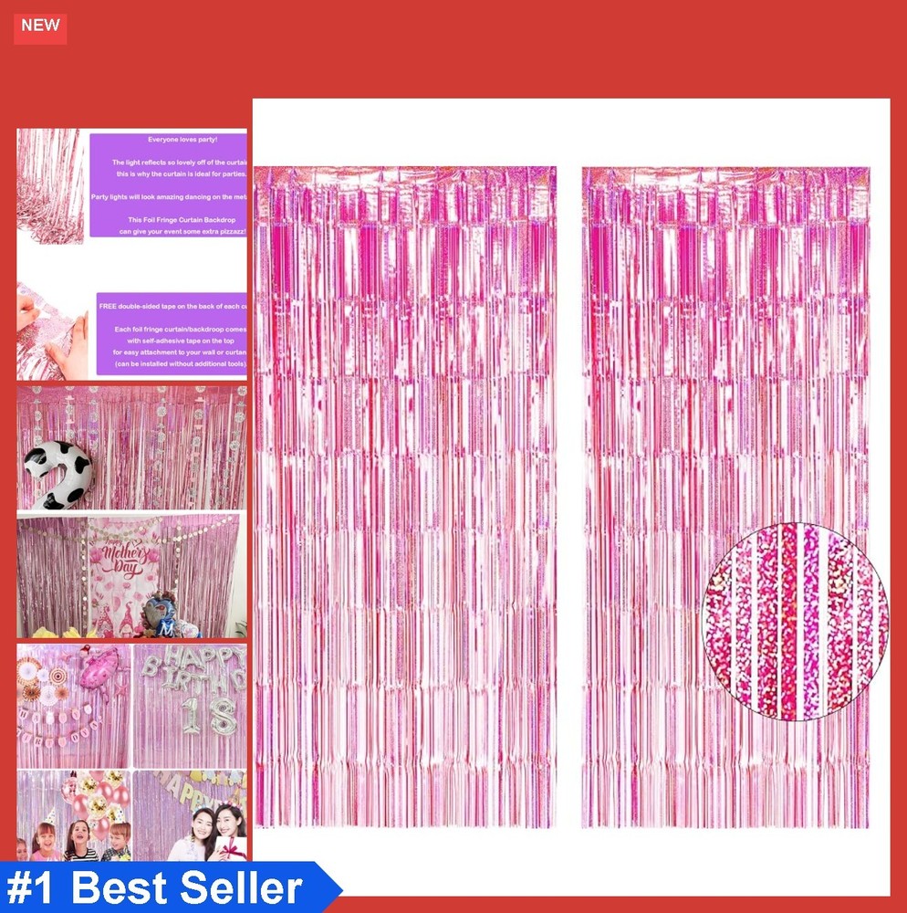 Metallic Foil Fringe Backdrop 2 Pack 3.2×8.3 Ft Pink Party Photo Booth Decor