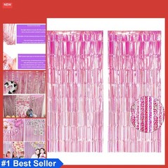 Metallic Foil Fringe Backdrop 2 Pack 3.2×8.3 Ft Pink Party Photo Booth Decor