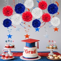 Navy Blue Red White Tissue Paper Pom Poms Patriotic Hanging Decor 12 PCS