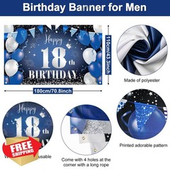 BTZO Happy 18th Birthday Navy Blue Black Silver Banner