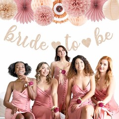 21 Pcs Blush Rose Gold Bridal Shower Decorations Banner Lanterns Pom Poms Set