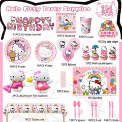 124 Pcs Hello Kitty Party Decorations Tableware Set Balloons Banners Plates