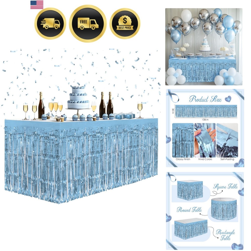 2 Pack Light Blue Table Skirts, 29×108″ Metallic Foil Tinsel Fringe Table Ski…