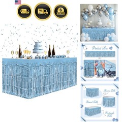 2 Pack Light Blue Table Skirts, 29×108″ Metallic Foil Tinsel Fringe Table Ski…