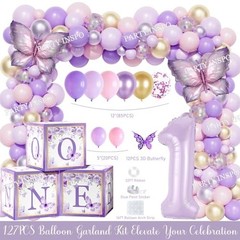 Butterfly First Birthday Party Supplies – 138PC Pink Purple Decor, Backdrop, Bal