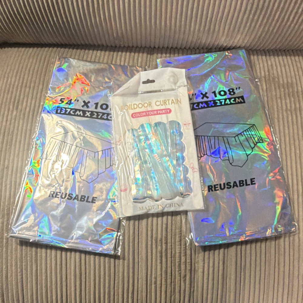 1 Holographic Door Curtain Party Backdrop and 2 table covers: 54″ x 108″