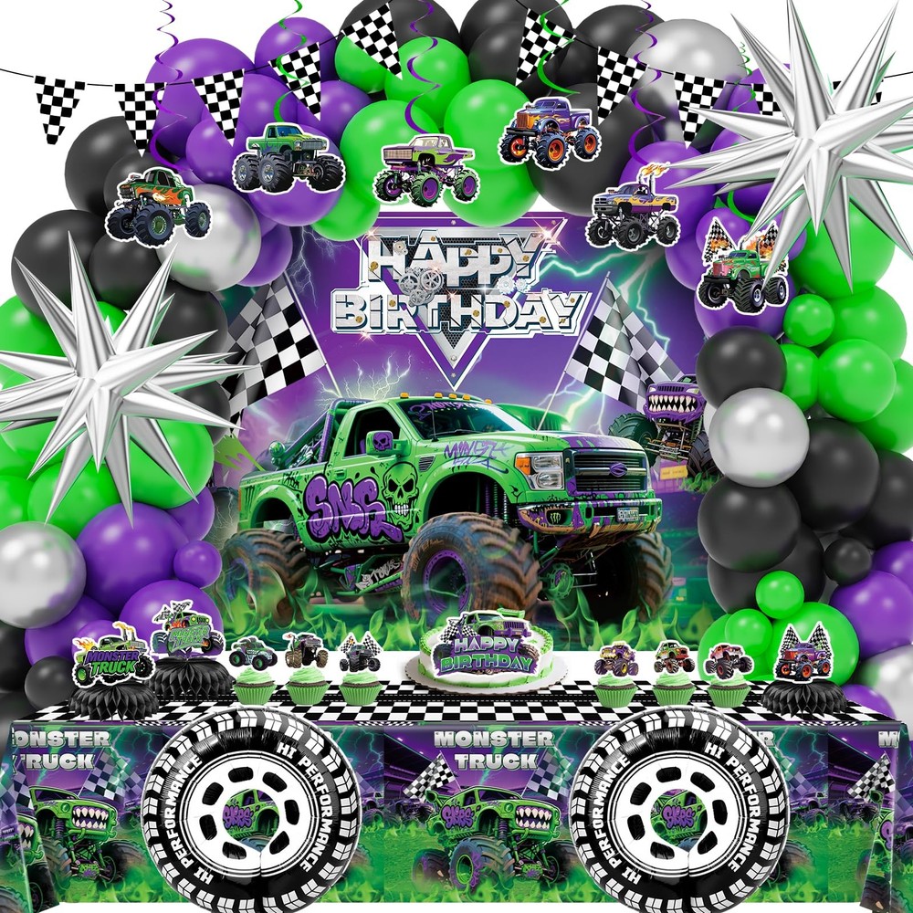 99 Pcs Monster Truck Birthday Party Decorations Set with Purple and Green Black