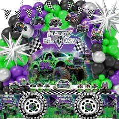 99 Pcs Monster Truck Birthday Party Decorations Set with Purple and Green Black