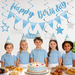 Sky Blue Silver Birthday Decorations for Boys Girls, Happy Birthday Banner for M