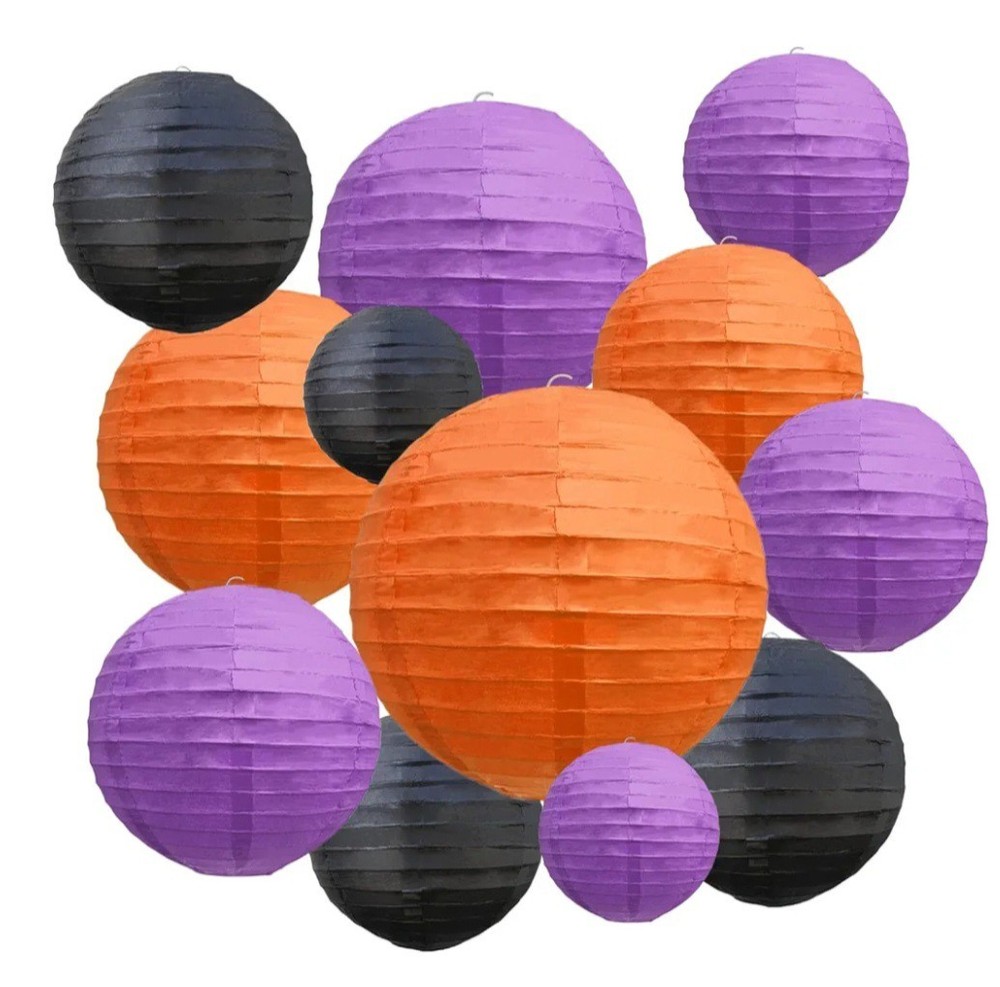 Halloween Chinese Lanterns 48 Piece Hanging Paper Black Purple Orange NEW SEALED