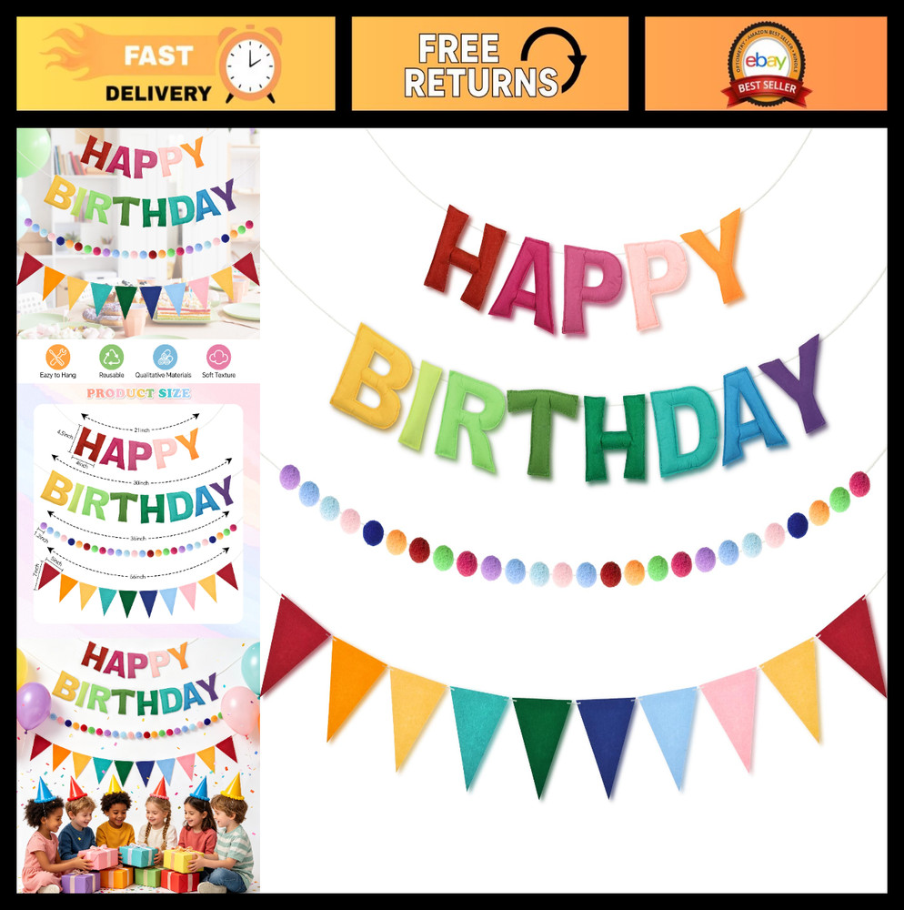 3D Rainbow Happy Birthday Banner – Colorful Felt Garland Bunting Set, Reusable P