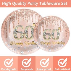 Exquisite 96-Piece Pink Rose Gold 60th Birthday Party Set for 24 Guests: Luxu…