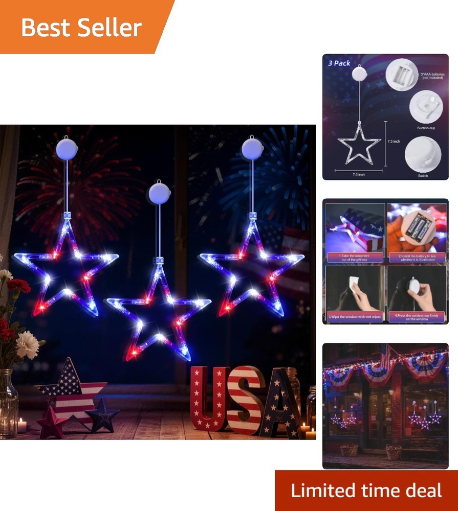 Easy Installation Patriotic Window Lights – 3 Pack Star Decor for July 4th