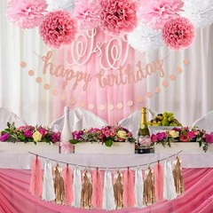 4-in-1 Rose Gold Glittery Party Decor: Banner, Poms, Circle & Tassel Garlands