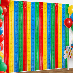 2Pack Building Block Foil Fringe Curtains,3.3X6.6Ft Building Block Theme Party D