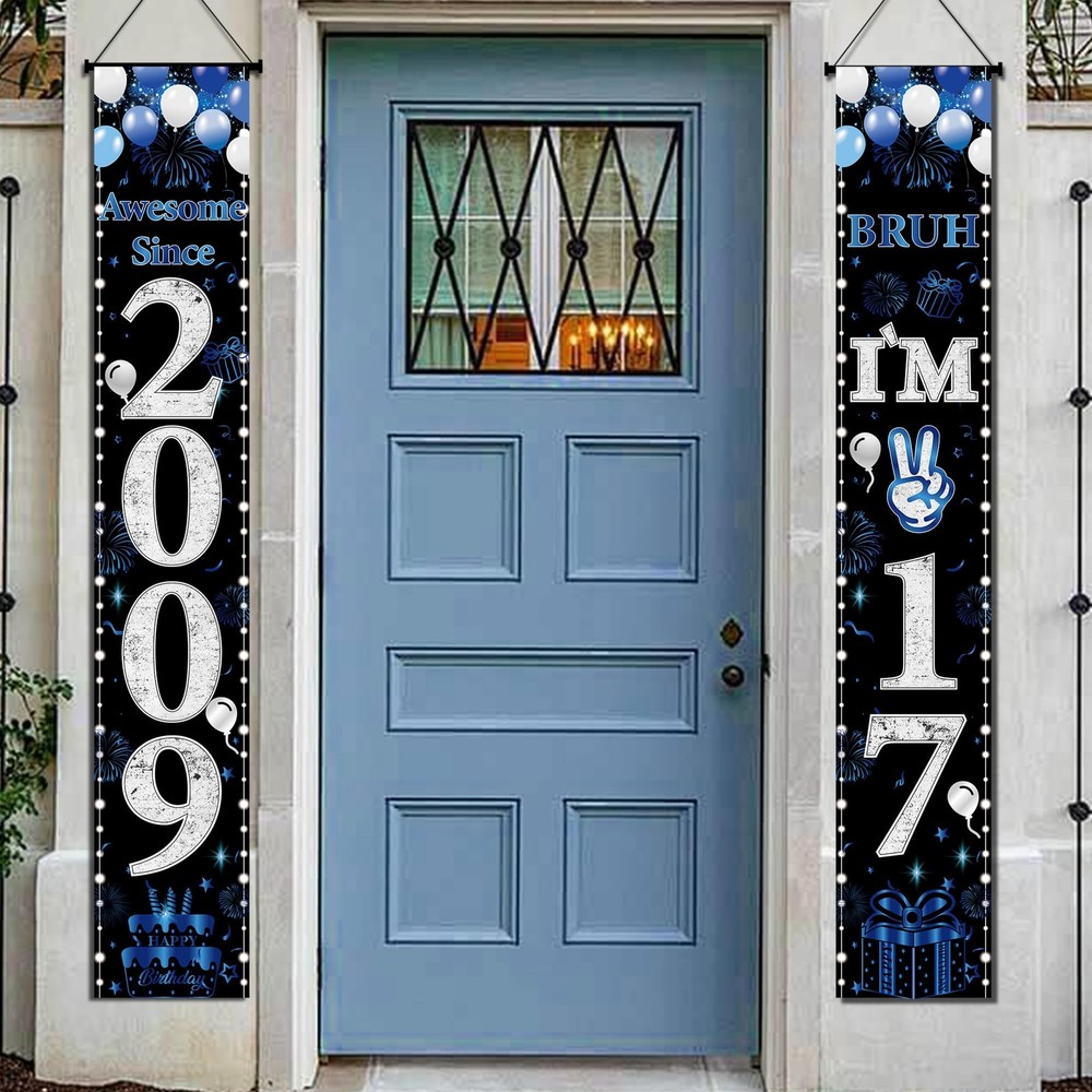 17th Decorations Door Banner – 2 Pcs Blue Awesome Since 2009 Bruh I’m 17 Happ…