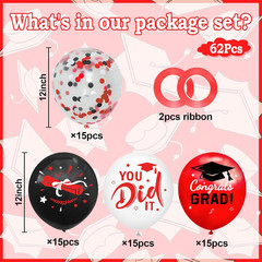 Graduation Decorations 2026 – Graduation Balloons 62Pcs 12 Inch Red Black White