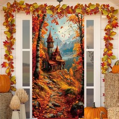 Fall Banner Door Cover,Leaves Castle Decor Thanksgiving Orange