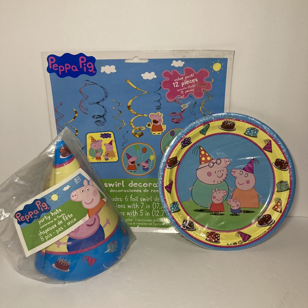 Peppa Pig Party Swirl Hanging Decorations 12pk, 7” Plates 8pk, Party Hats 8pk