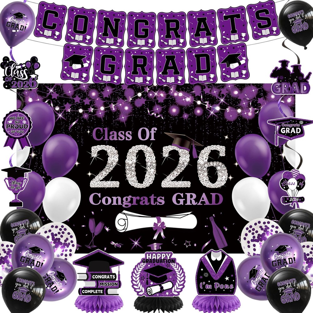 Black Purple Graduation Party Decorations, Purple Class of 2026 Graduation Ba…
