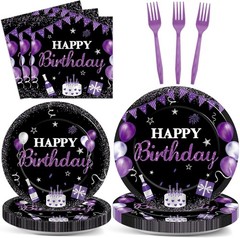96Pcs Purple and Black Birthday Decorations Happy Birthday Party Supplies Tablew