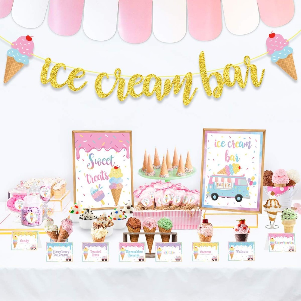Ice Cream Bar Decor Kit, Summer Ice Cream Sundae Bar Glitter Banner Ice Cream…