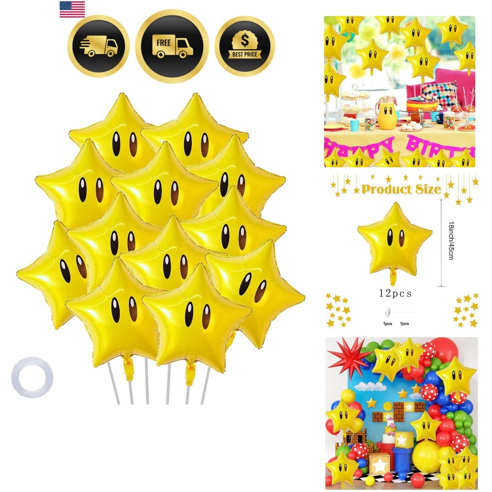 12PCS Star Foil Balloons Super Gold Coin Balloon Yellow Star Balloons for Vid…
