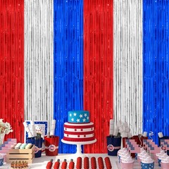 Patriotic Red White Blue Thicken Foil Fringe Tinsel Backdrop 3.2×8.2 Ft 2 PK