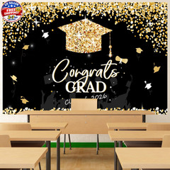 Class of 2026 Graduation Backdrop Banner Black Gold Congrats Grad Party Decor