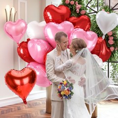 Pink and Red Heart Balloons – 12 Pcs 18 inch Foil Heart Shaped Balloons, Love…