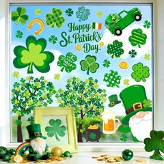 5 Sheet St. Patrick’s Day Window Clings, Green Shamrock Clover Tree Gnome Gold C