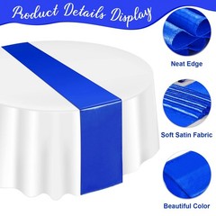 12-Pack 12×108″ Royal Blue Satin Table Runners & 84″ White Round Tablecloths