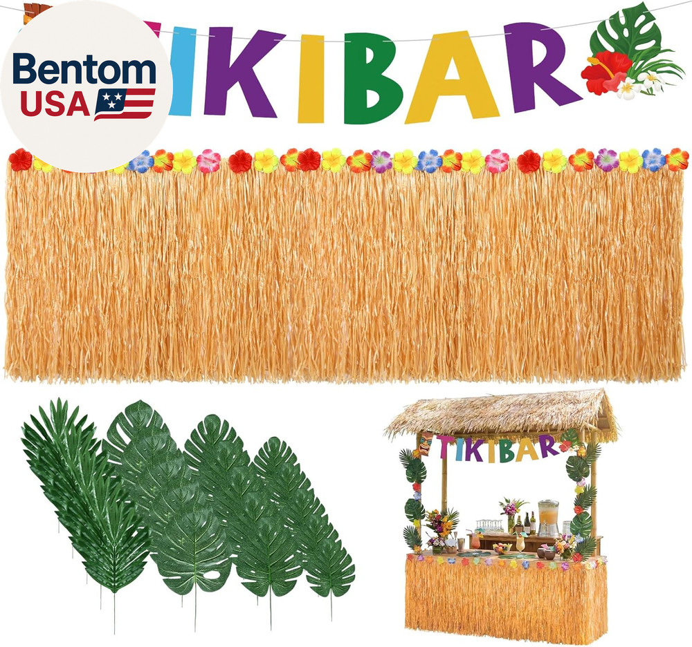 22 Pcs Tiki Bar Hut Kit with Banner 20 Realistic Palm Leaves and Gold Grass Tabl