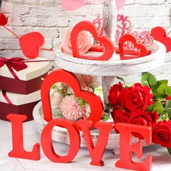 7 PCS Valentines Day Decor Table Centerpiece Red Love Wood Heart Sign