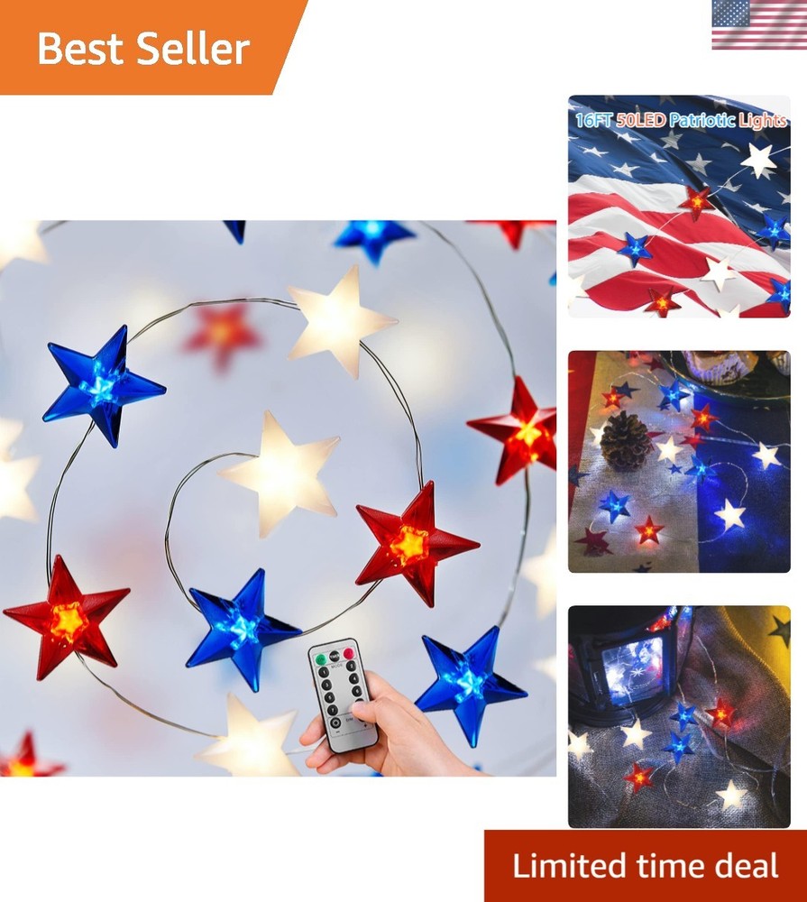 16FT Battery Operated Patriotic LED String Lights with Timer & Remote Control