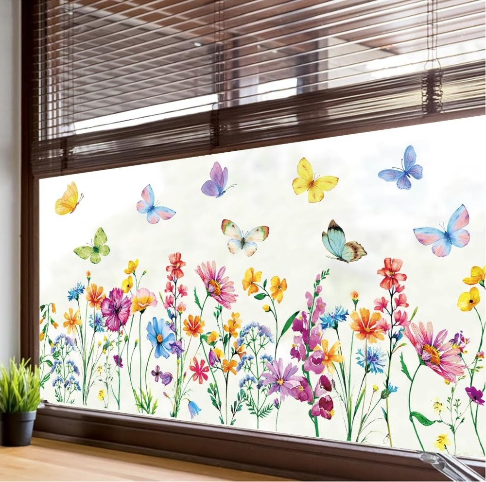 9 Sheets Spring Summer Wildflower Window Clings Floral Butterfly Window Stickers